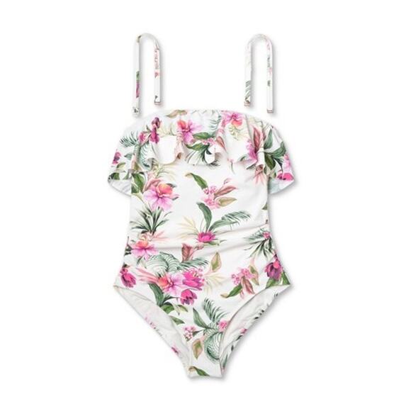 Bandeau Flounce Front Ruched Full Coverage One Piece Swimsuit - Cream XS - Picture 1 of 12